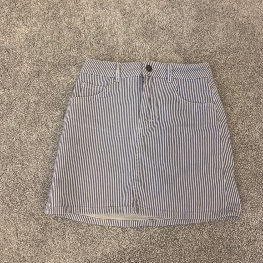 blue and white striped mini skirt